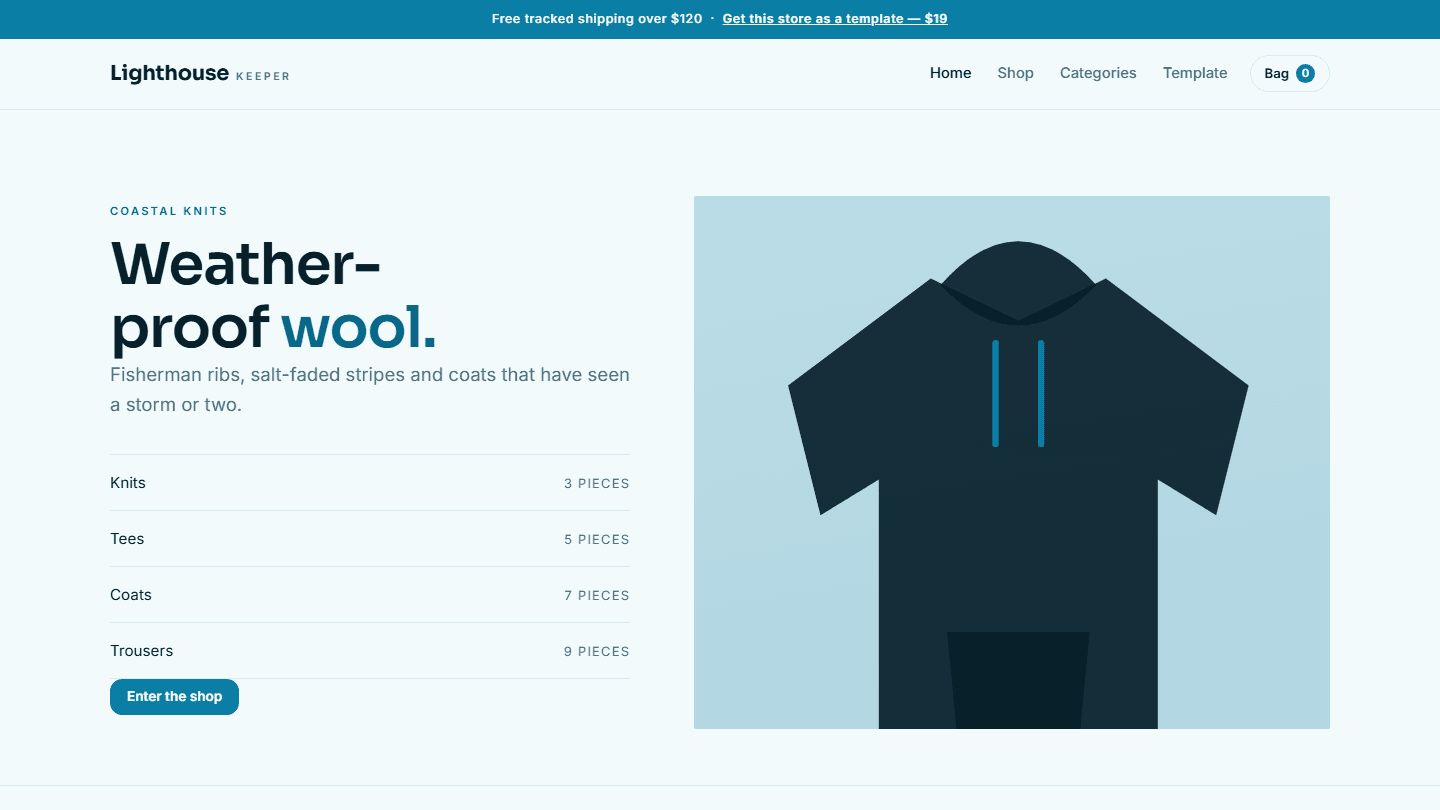 Lighthouse Keeper coastal knits e-commerce store template screenshot with hero banner, product categories, and header