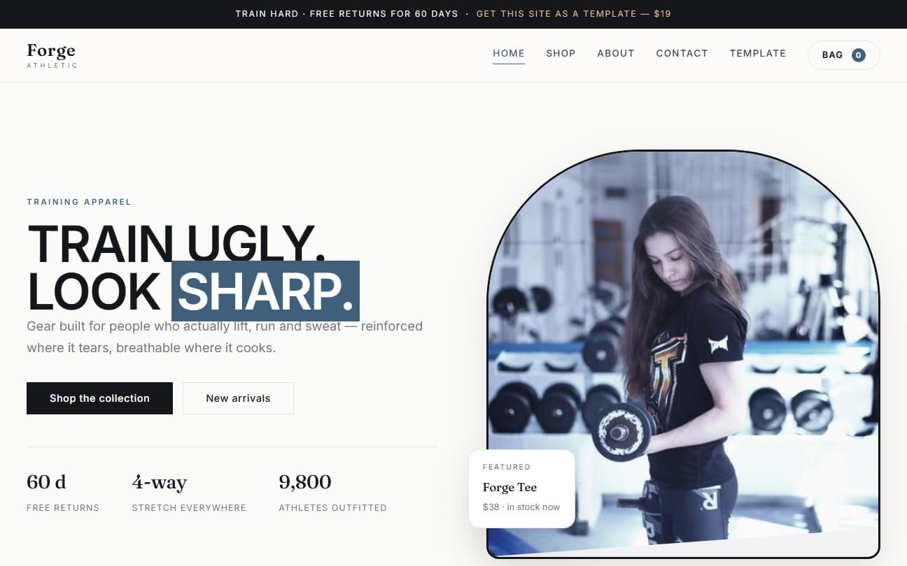 Forge Athletic sports store website template hero section with training apparel text and featured product image in HTML