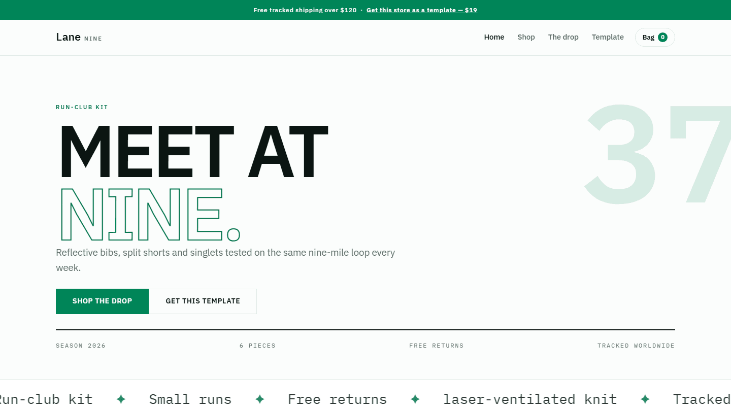 Lane Nine run-club kit store template webpage mockup with hero text and navigation in HTML CSS JS