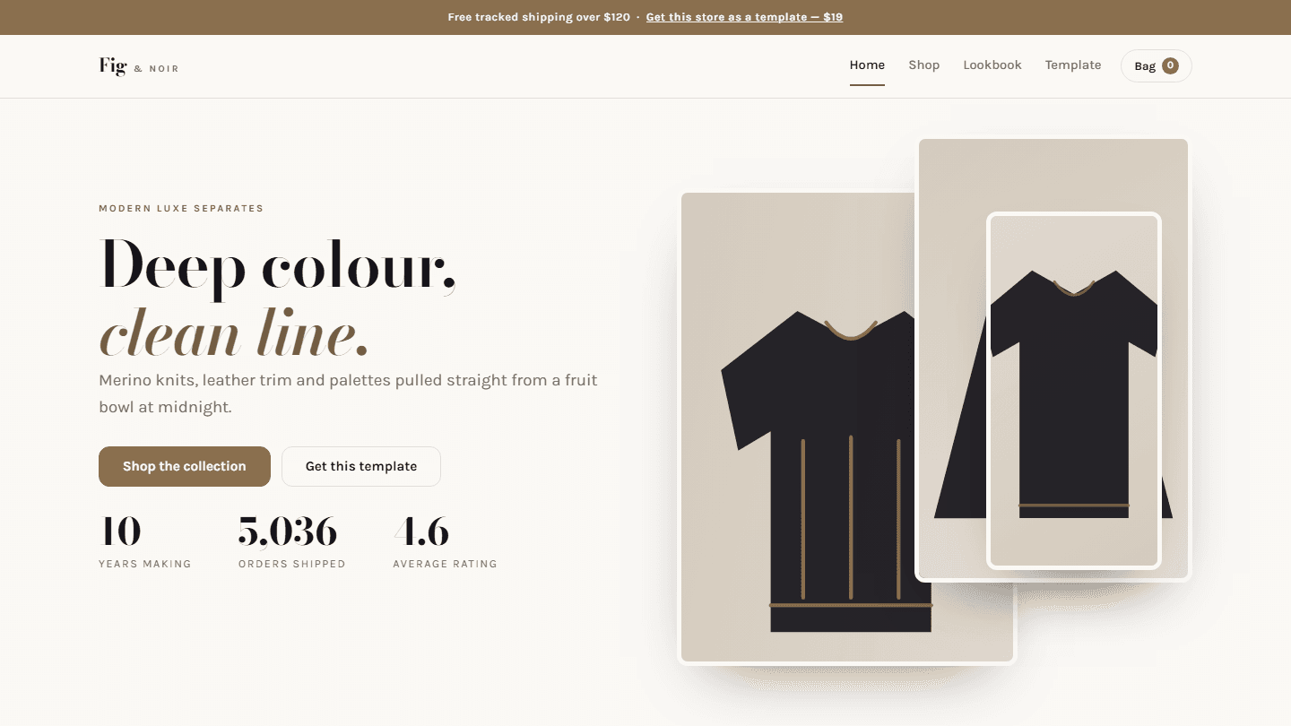 Modern luxe e-commerce store template HTML CSS JS showing a fashion hero banner with clothing product cards
