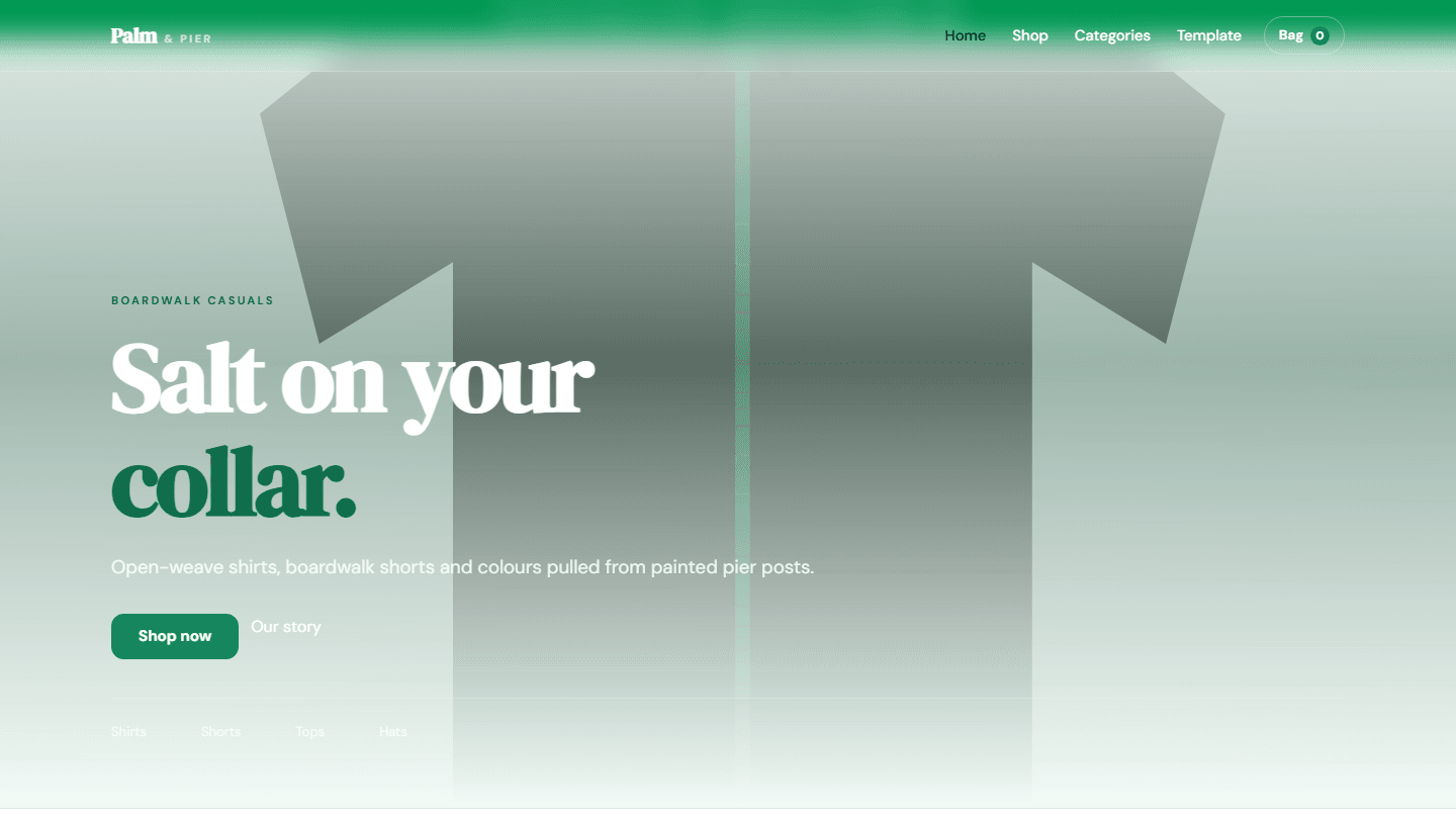 Palm & Pier boardwalk casuals e-commerce store template preview with hero banner, navigation, and category links