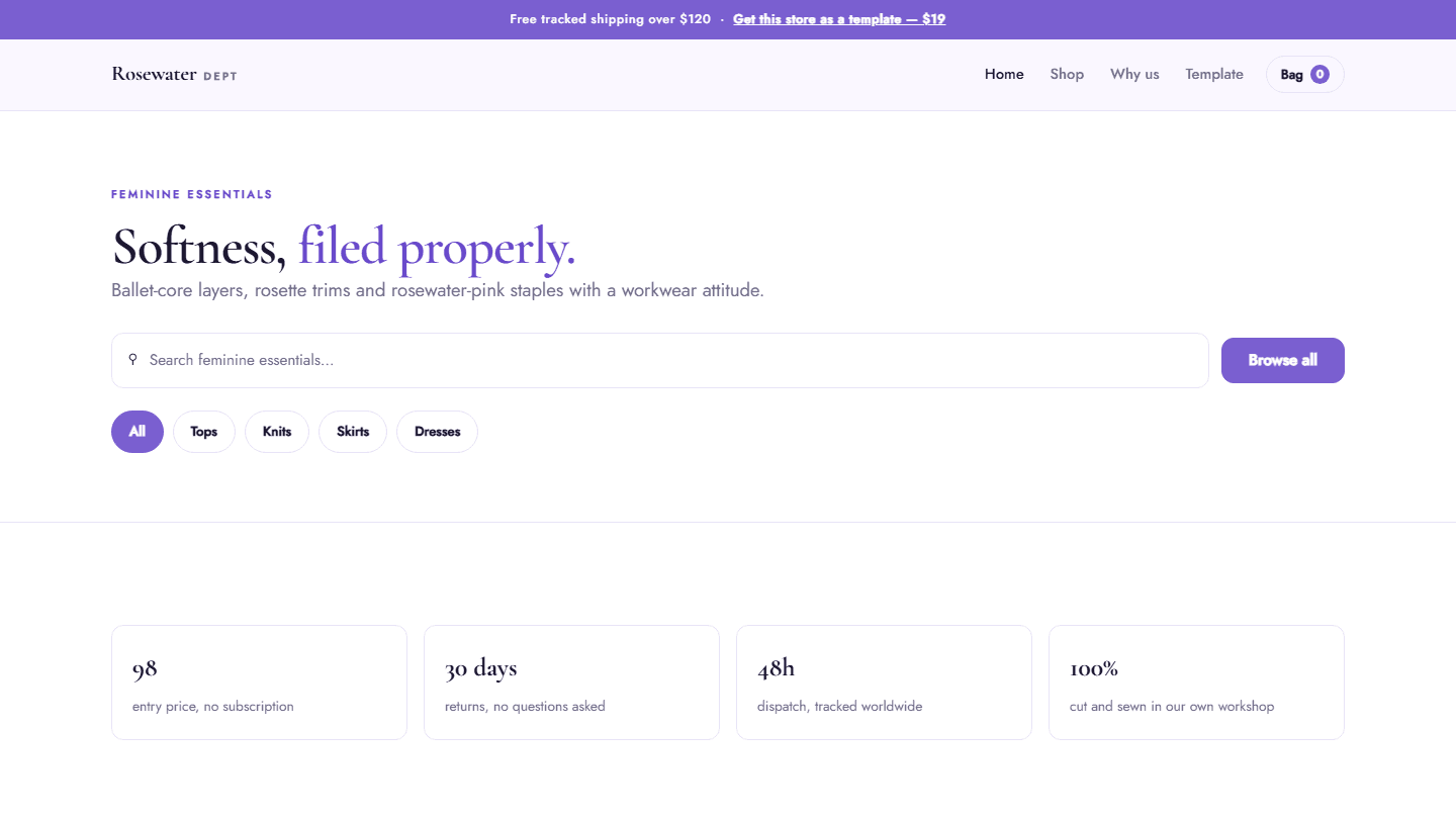 Rosewater Dept feminine essentials store website template preview with hero text, search bar, category buttons and