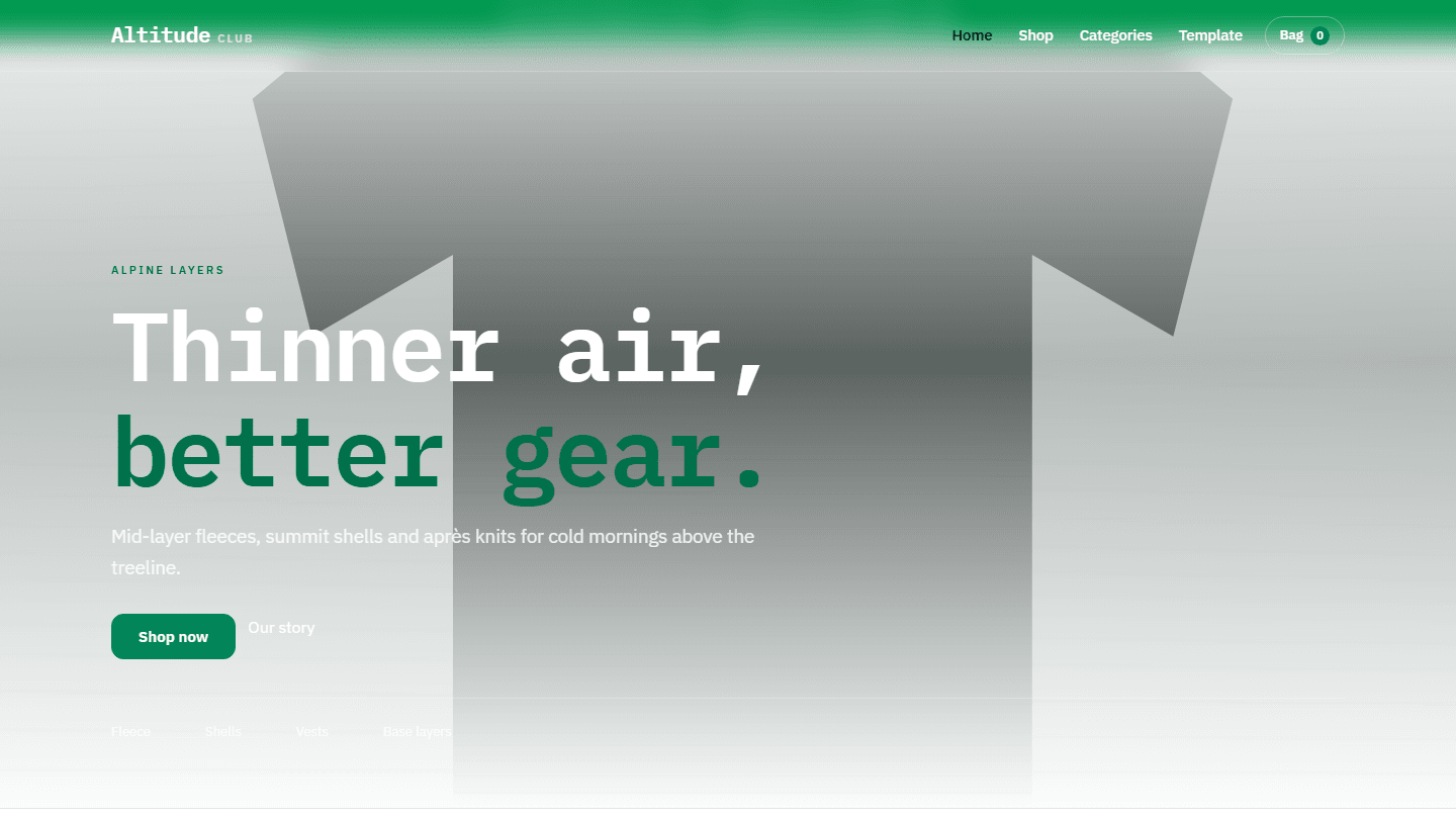Altitude Club alpine layers store template webpage hero section with navigation and large promotional headline