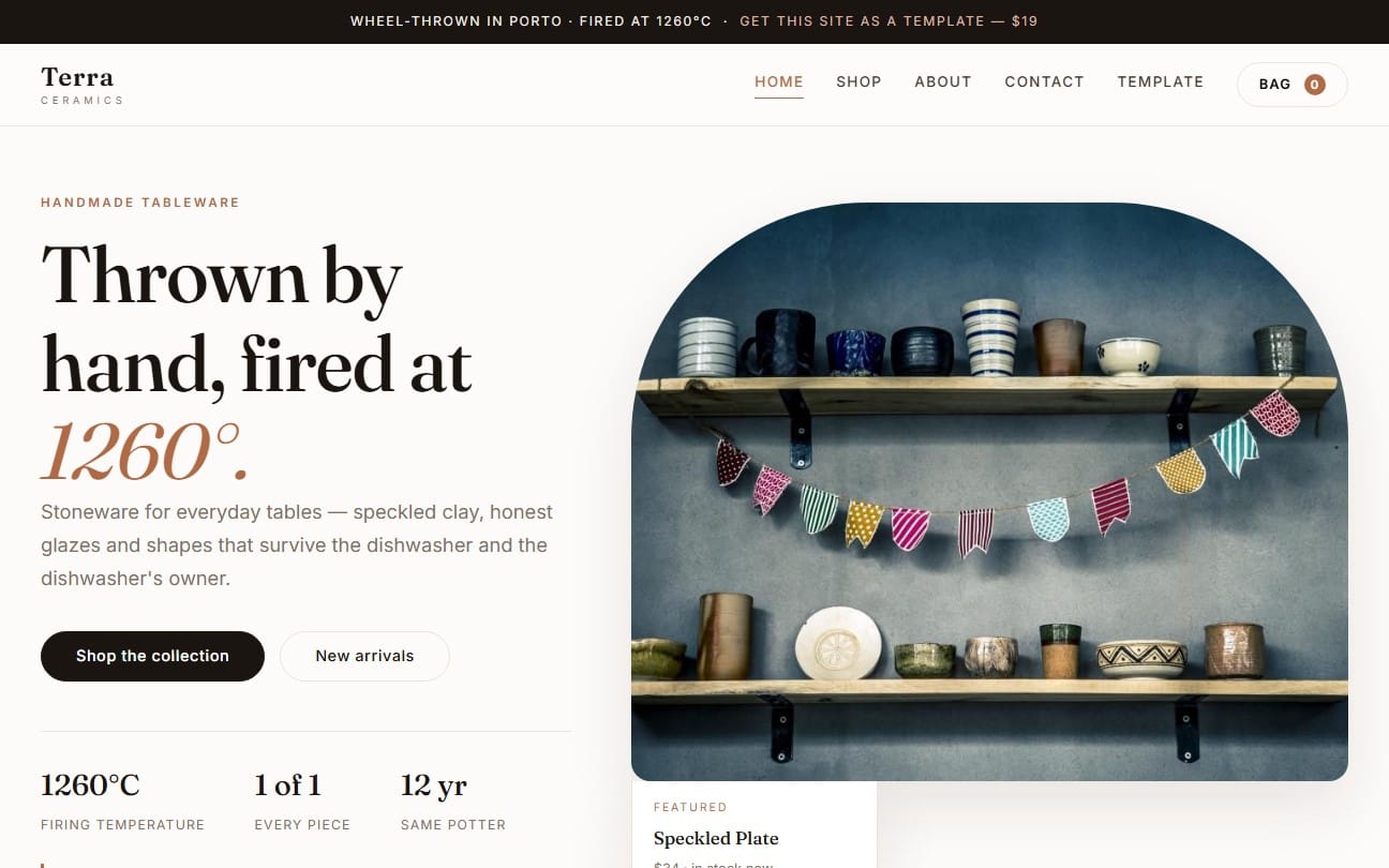 Terra Ceramics store template screenshot with handmade tableware hero section and product graphics