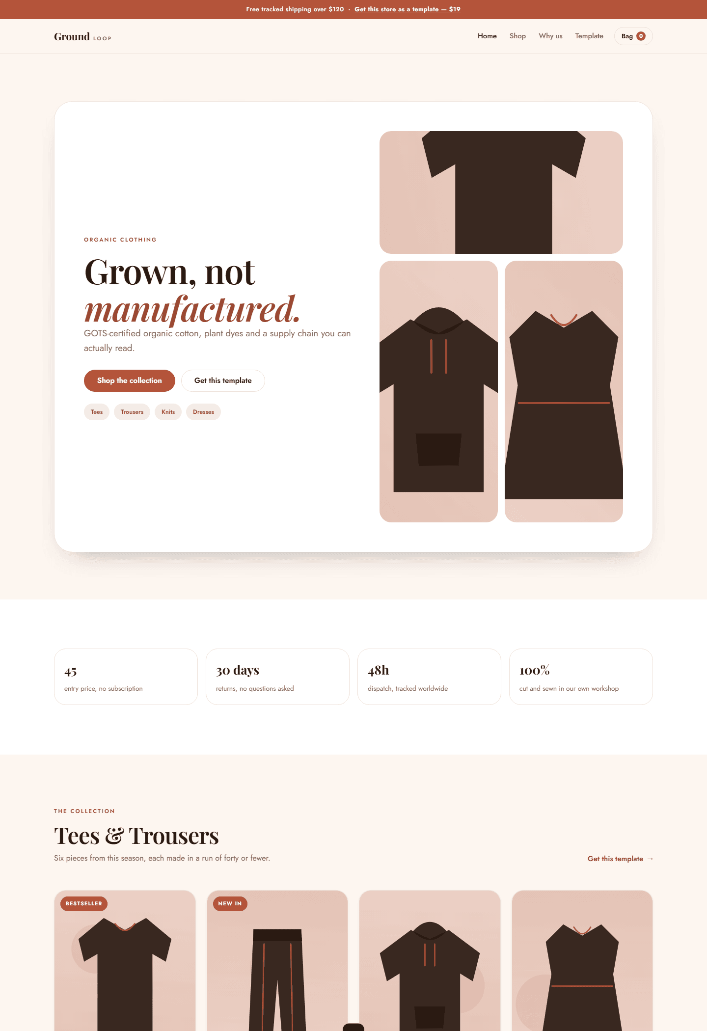 Ground Loop organic clothing store website template preview with product illustrations and navigation header