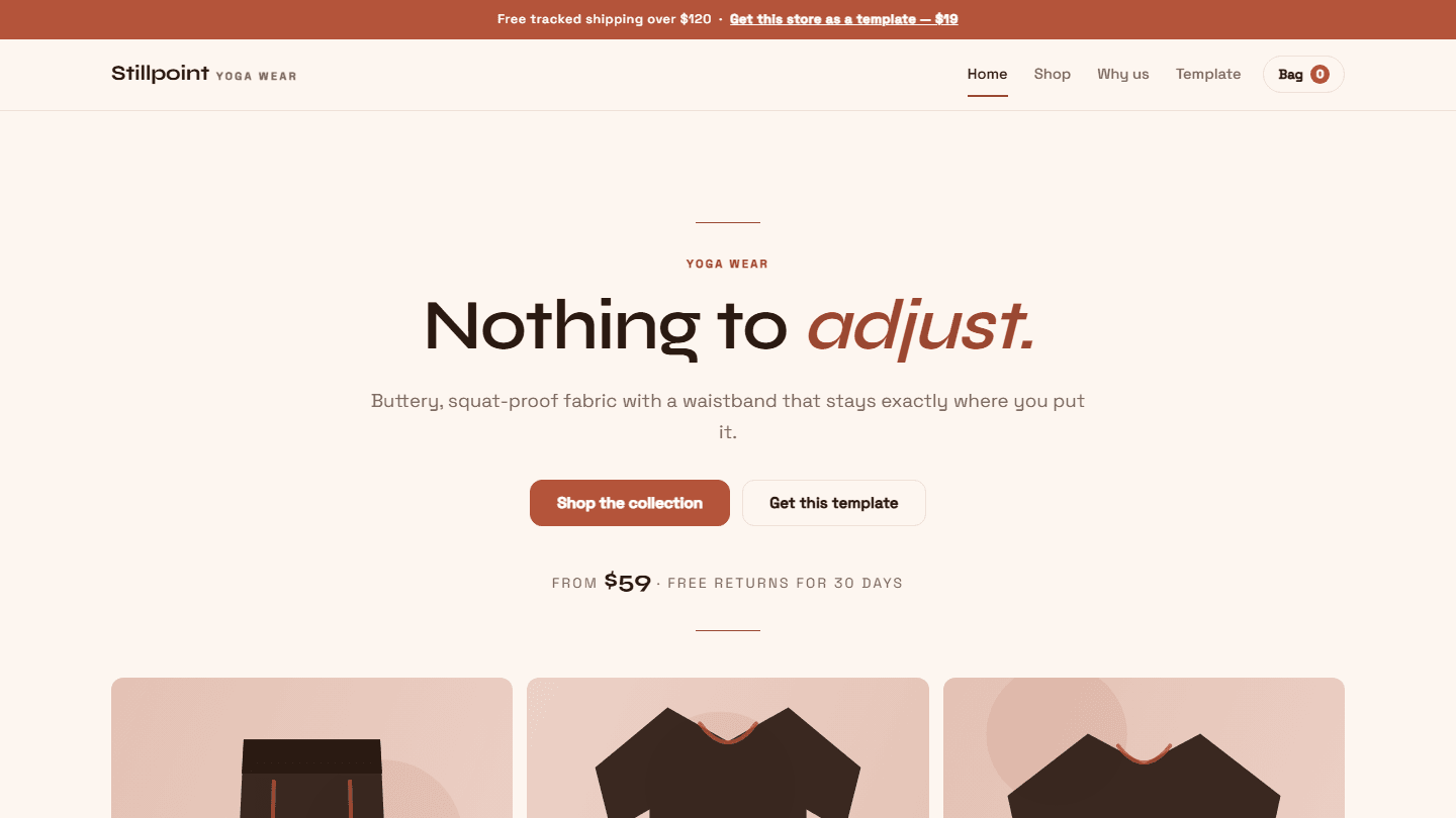 Stillpoint yoga wear ecommerce store homepage layout with product cards, buttons, and navigation menu HTML CSS JS