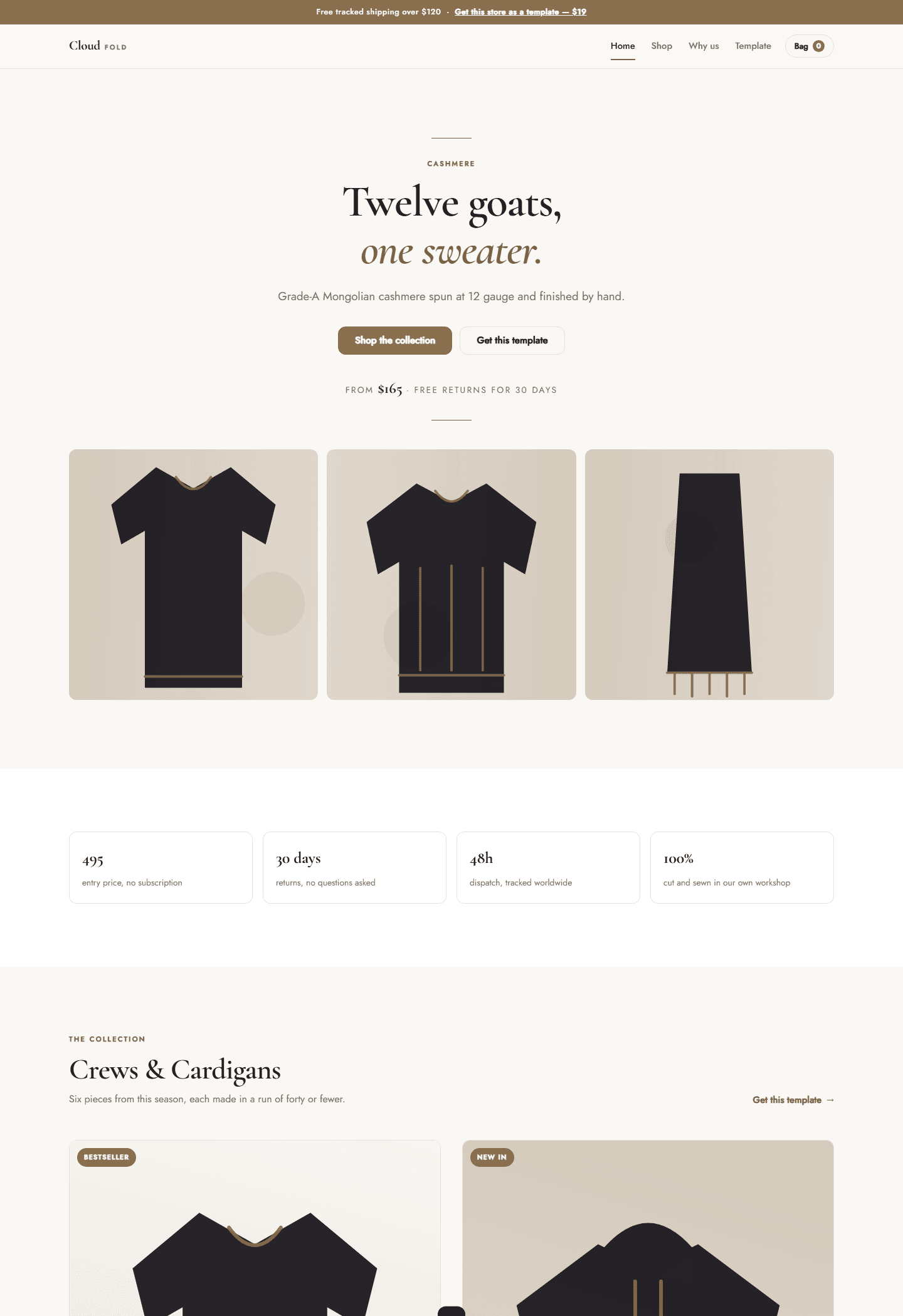 Clothing e-commerce landing page screenshot for Cloud Fold complete cashmere store HTML CSS JS template with product