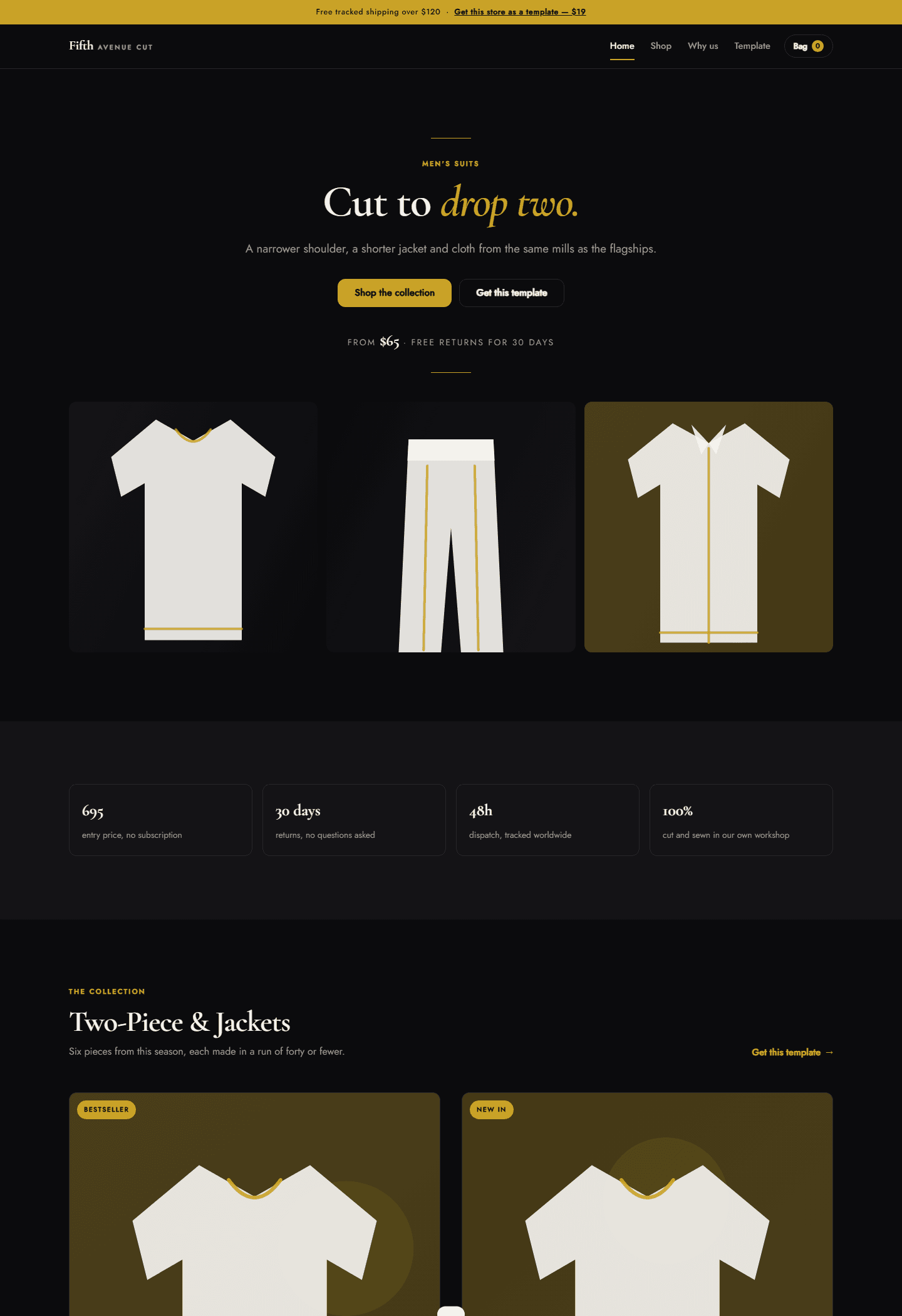 Dark web storefront landing page for a men’s suits HTML CSS JS store template showing shirts and product cards