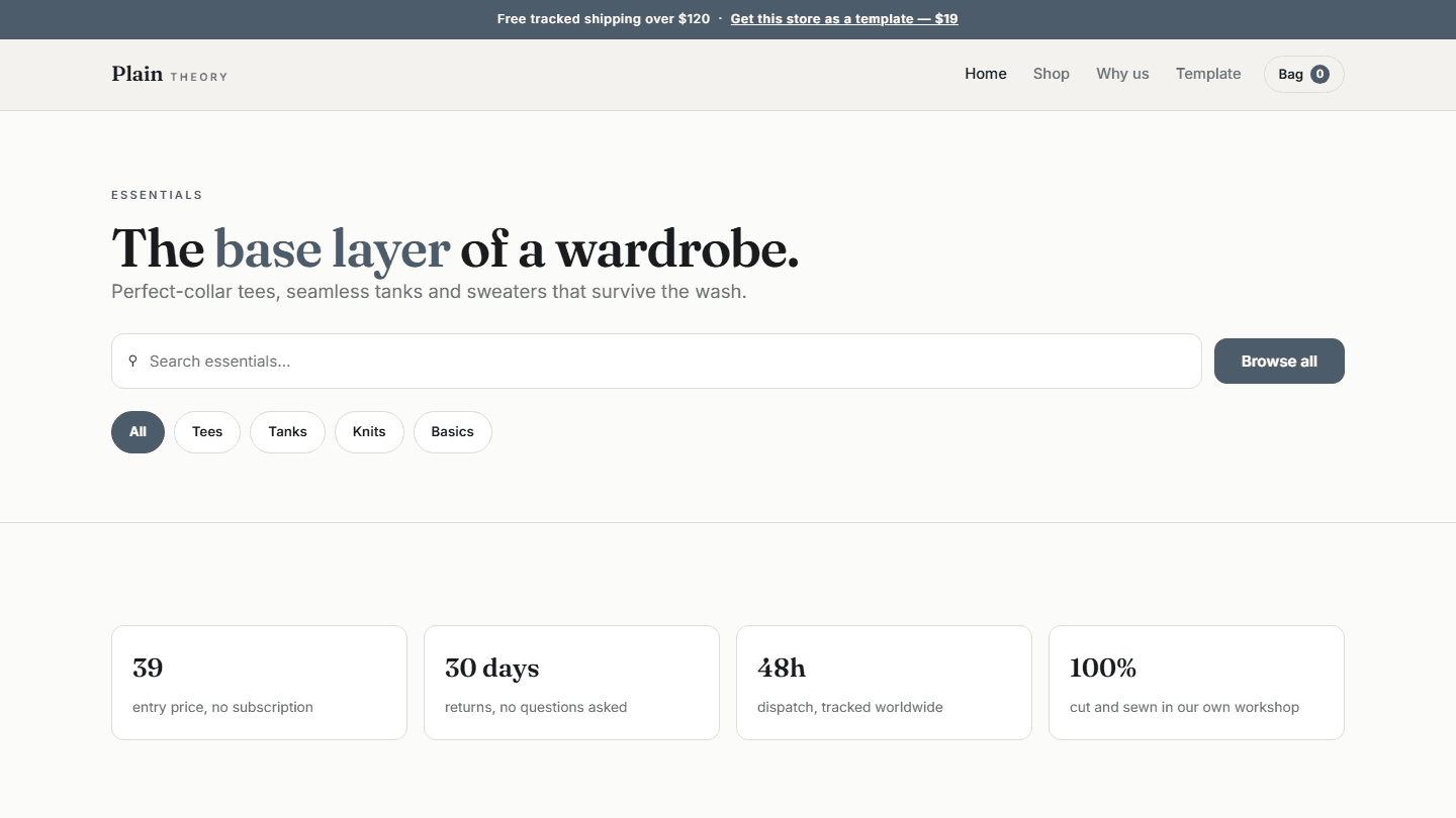 Landing page mockup for Plain Theory complete essentials store template HTML CSS JS with hero text and search bar