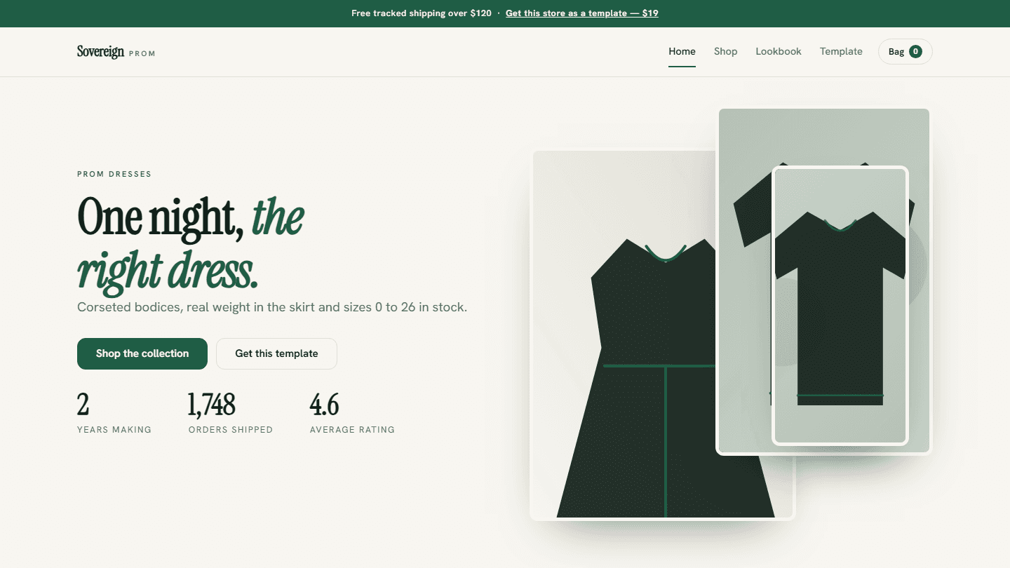 Sovereign Prom HTML CSS JS store template hero section with prom dress listings and navigation layout