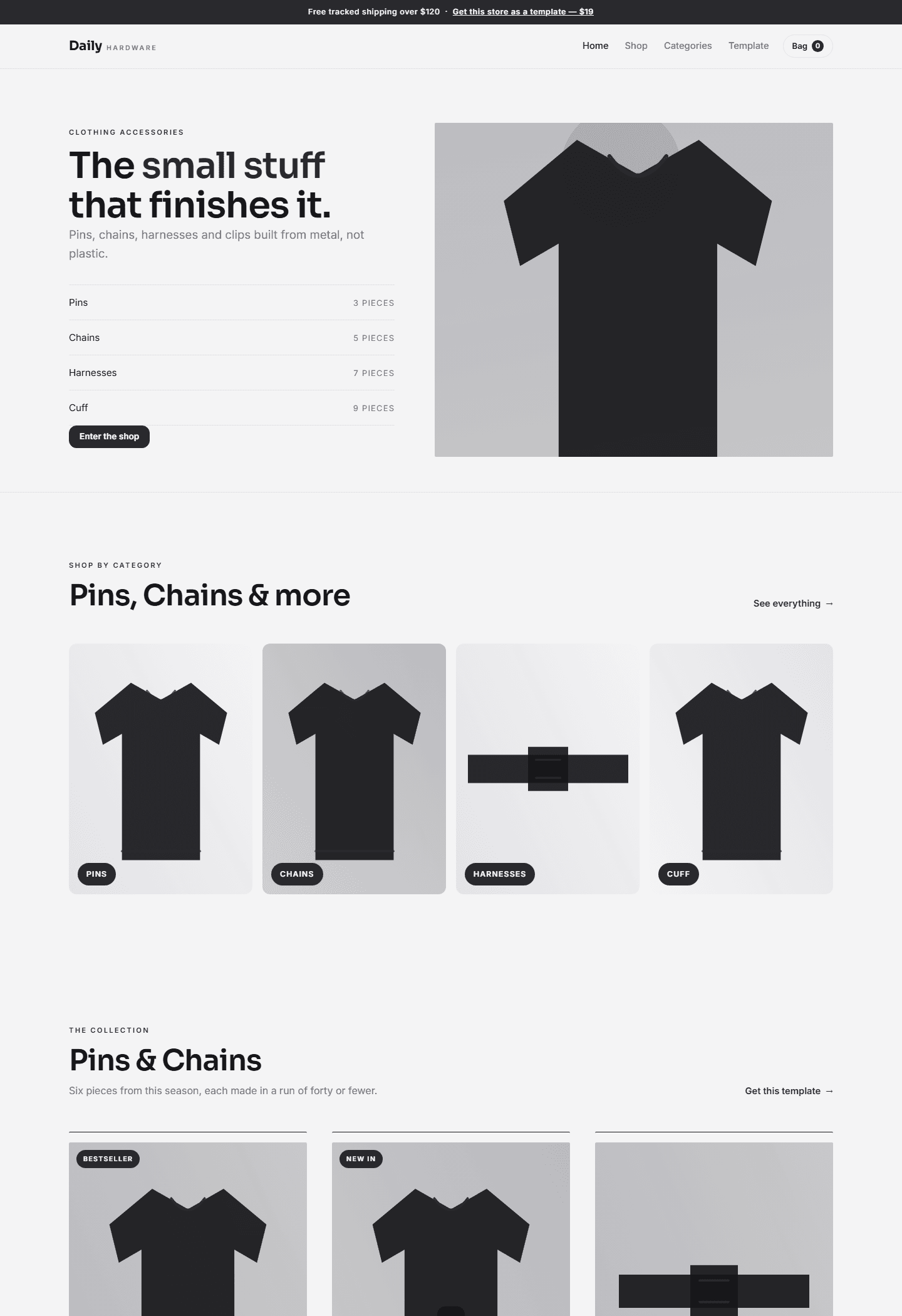 Clothing accessories store website template screenshot with header, product categories, and hero apparel graphics in