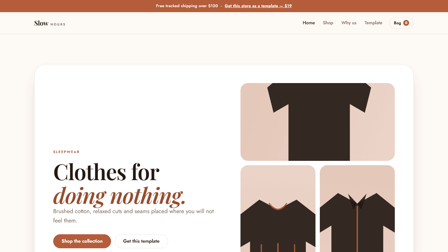 Slow Hours sleepwear ecommerce store template page mockup with hero text and clothing product tiles in HTML CSS JS