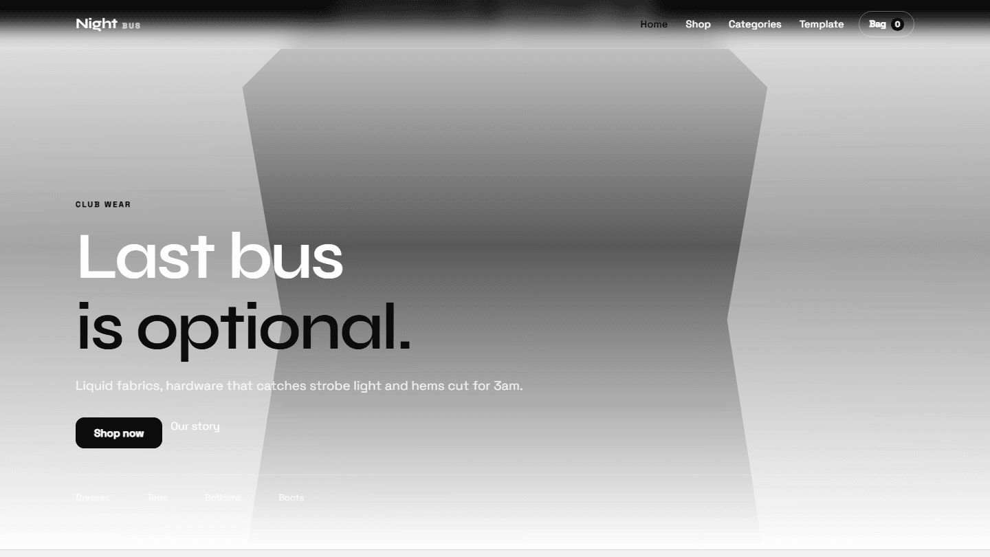 Night Bus club wear e-commerce store template webpage hero section with navigation and product category menu