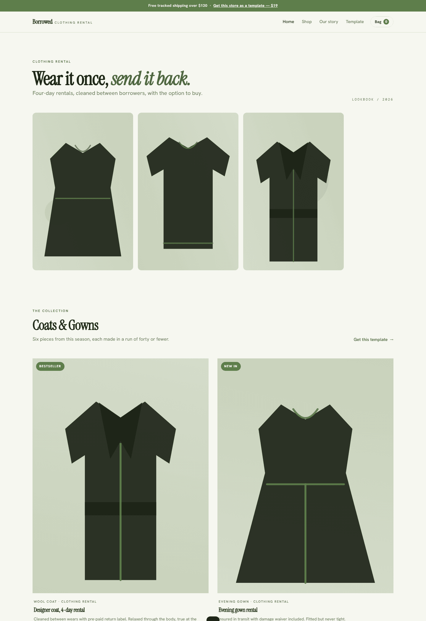 Clothing rental website template screenshot with minimalist dress illustration tiles and Borrowed store header