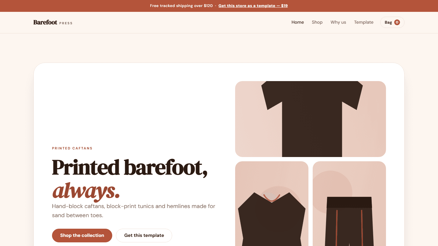 Website landing page mockup for Barefoot Press printed caftans store template using HTML CSS JS