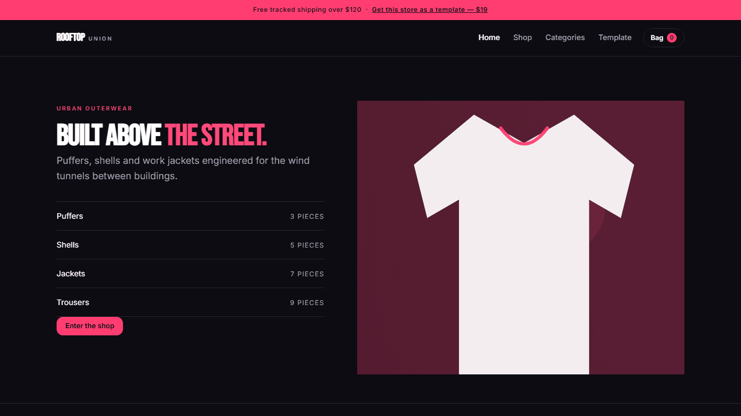 Rooftop Union urban outerwear ecommerce store template webpage with hero banner and navigation, HTML CSS JS