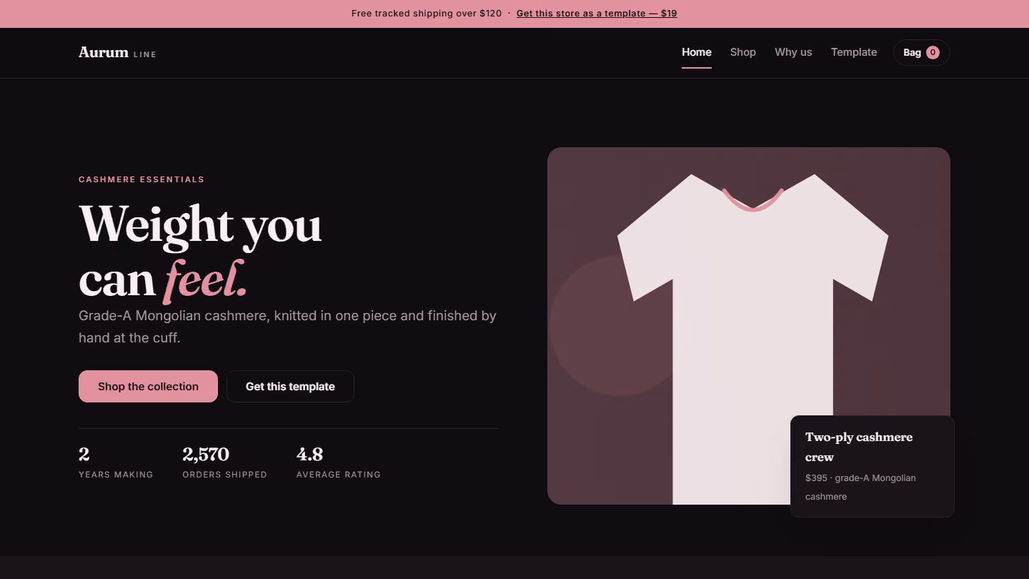 Aurum Line cashmere e-commerce store template webpage with hero section showing a t-shirt graphic and product card