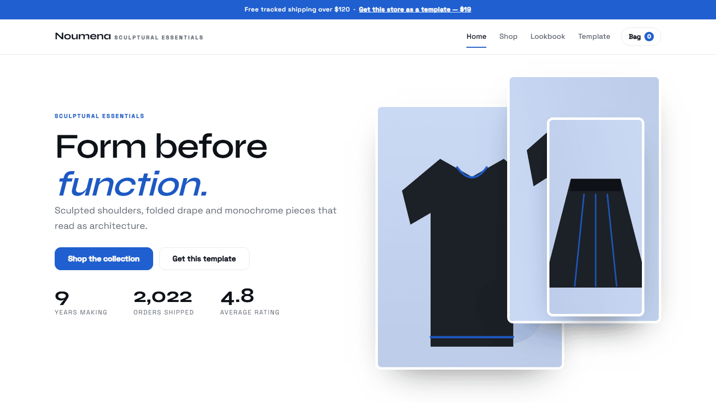 Noumena sculptural essentials store template preview with hero text, buttons, stats, and product mockup cards