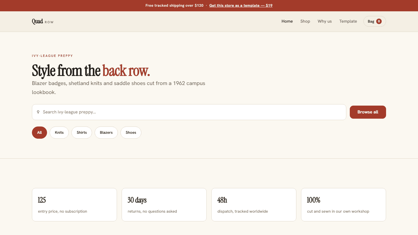 Preppy e-commerce store website template layout with navbar, hero text, search bar, category pills, and feature cards