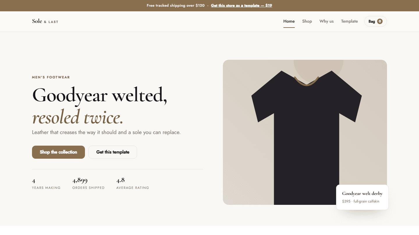 Sole & Last men’s footwear store website template preview with hero section and product mock jersey on beige background