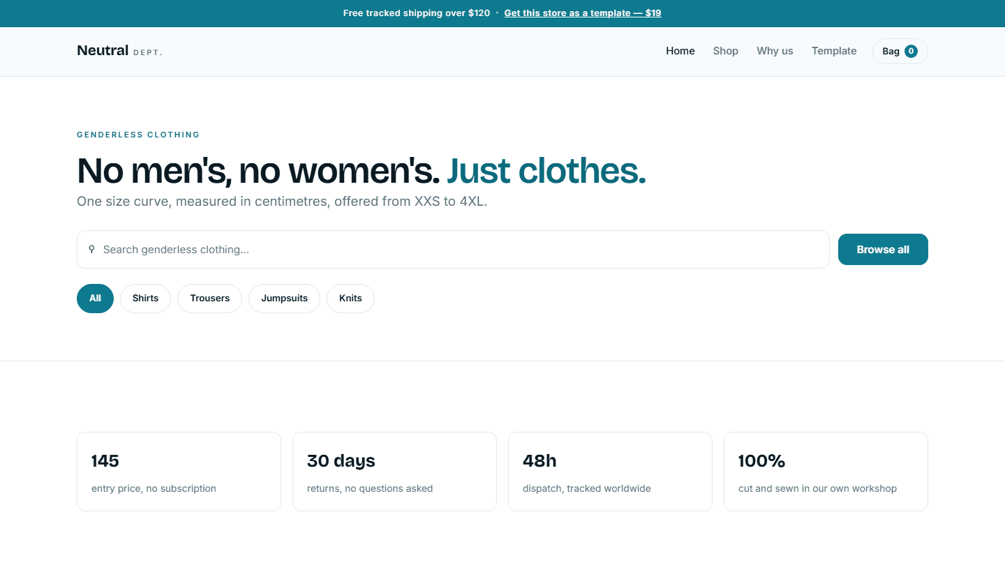 Website homepage hero section for a genderless clothing store template with search bar, category chips, and feature