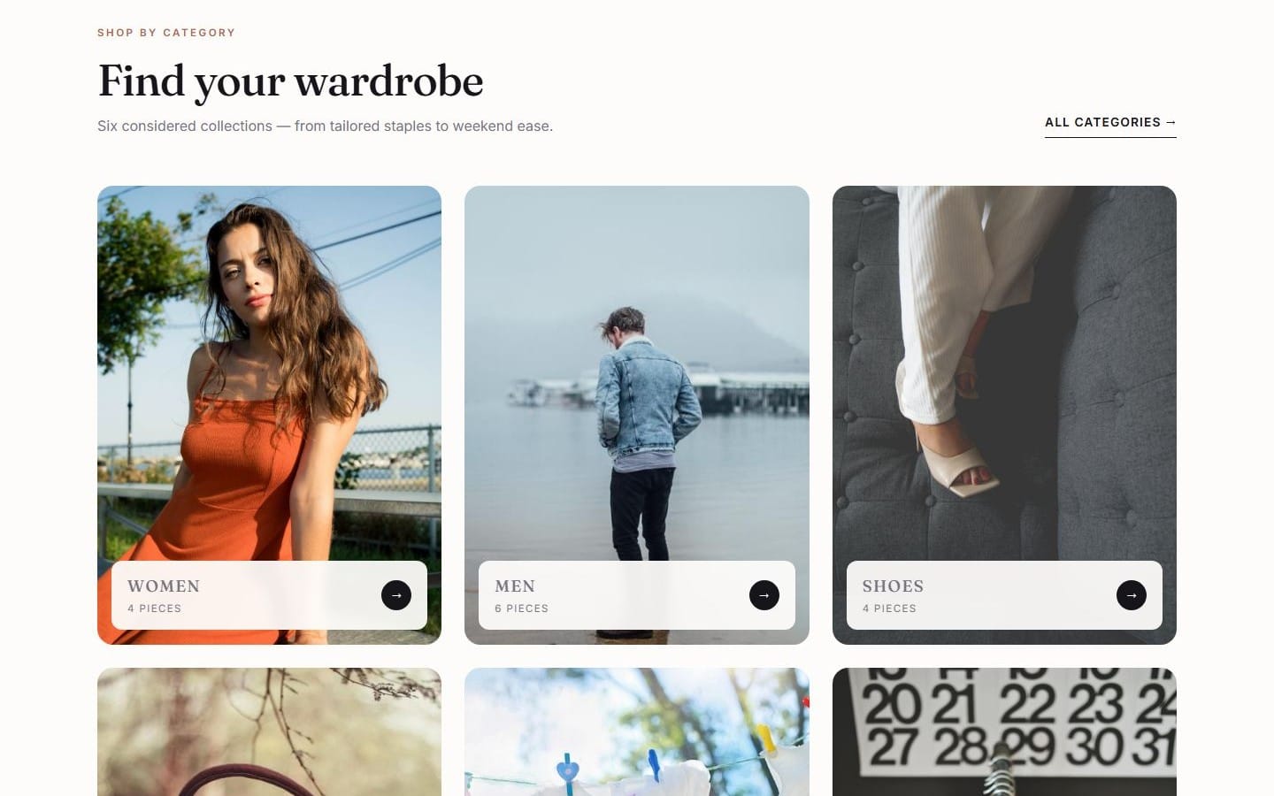 Fashion store homepage layout with category tiles, HTML widgets and CSS design system preview screenshot