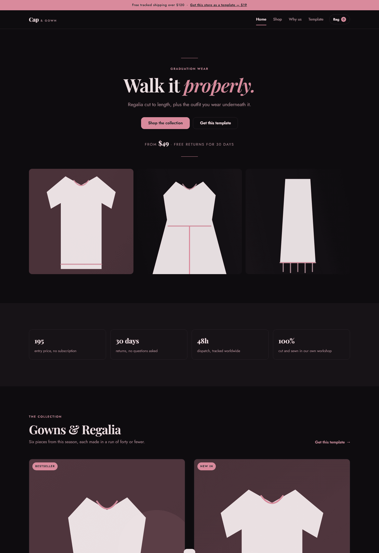 Cap & Gown graduation clothing store website template screenshot with regalia apparel design sketches and navigation