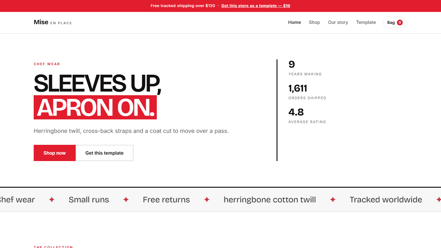 Clean HTML CSS JS ecommerce store template hero section for chef wear with navigation, buttons, and stats layout