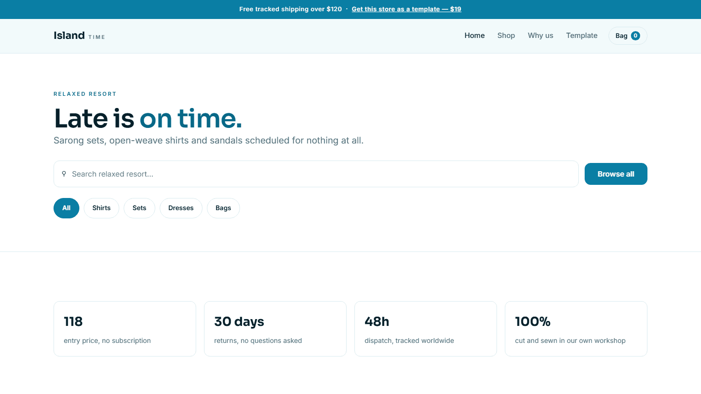 Island Time relaxed resort store website template hero section with navigation, search bar, category pills, and feature