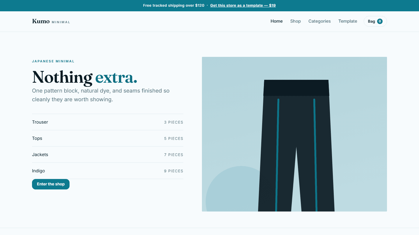 Minimal Japanese online store template preview with navigation, product categories list, and clothing image hero section