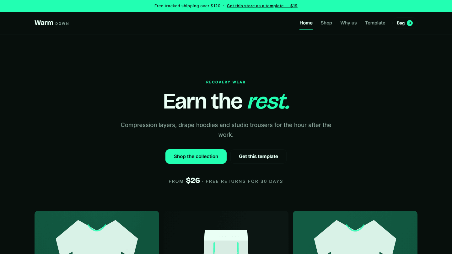 Warm Down recovery wear store landing page template with navigation and product teaser cards using HTML CSS JS