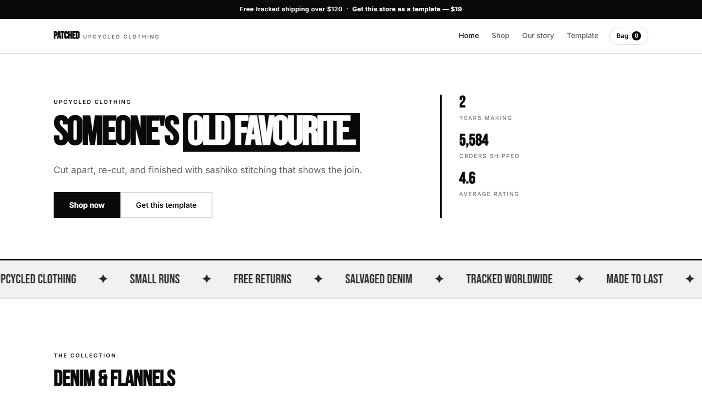 Patched upcycled clothing store HTML CSS JS template preview with header, hero text, buttons, and stats layout