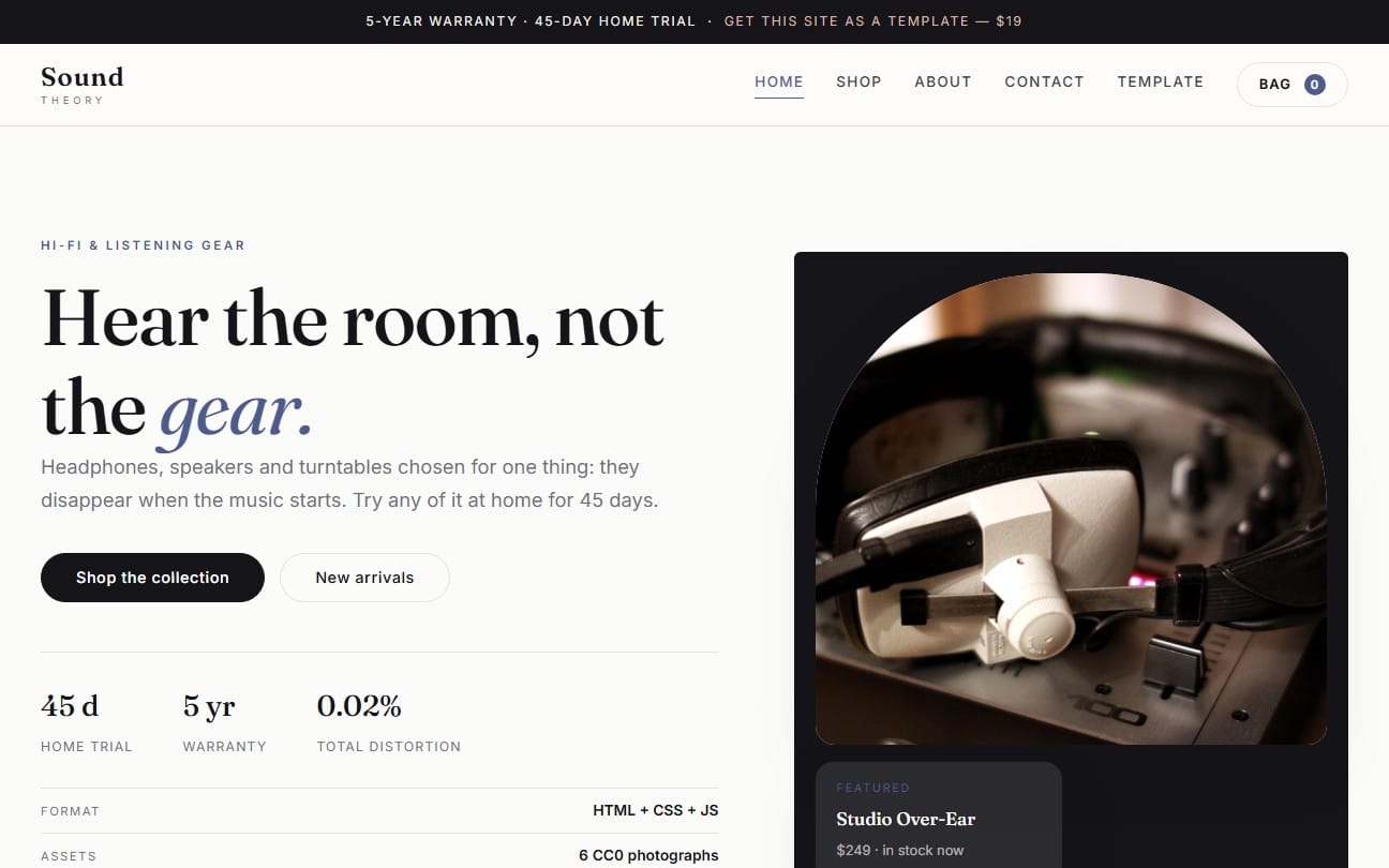 Sound-themed hi-fi store website template preview with headphones hero image and navigation bar using HTML CSS JS