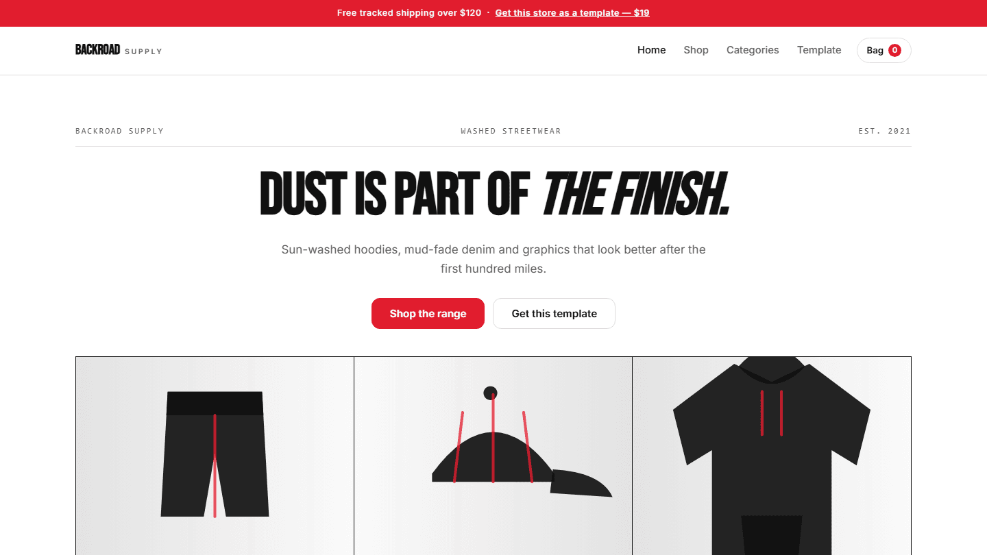 Backroad Supply streetwear e-commerce store template screenshot with navigation, hero text, buttons, and product tiles