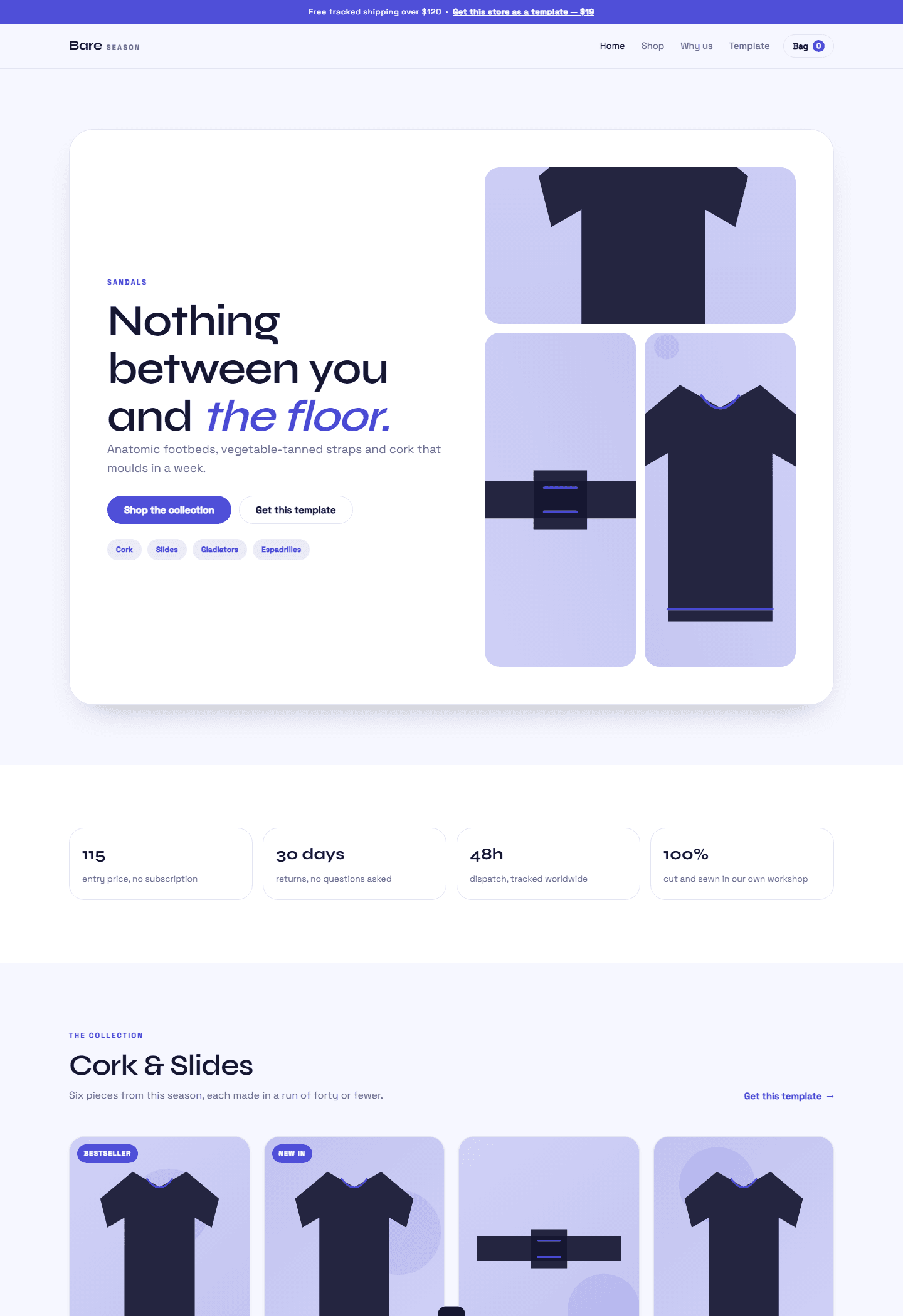 Bare Season sandals store template webpage screenshot with hero text, product tiles, and navigation bar in HTML CSS JS