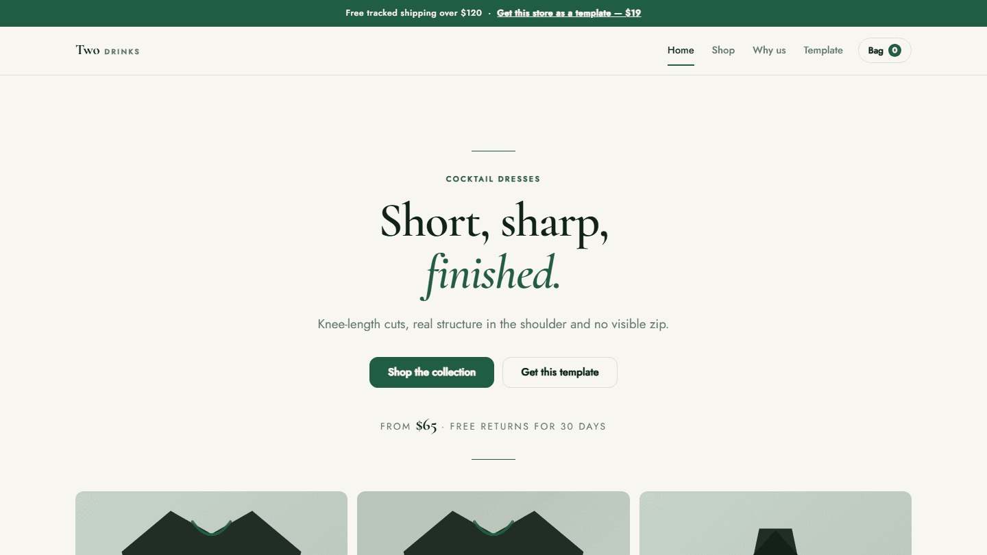 Minimal clothing store homepage layout for cocktail dresses with buttons and product card placeholders HTML CSS JS