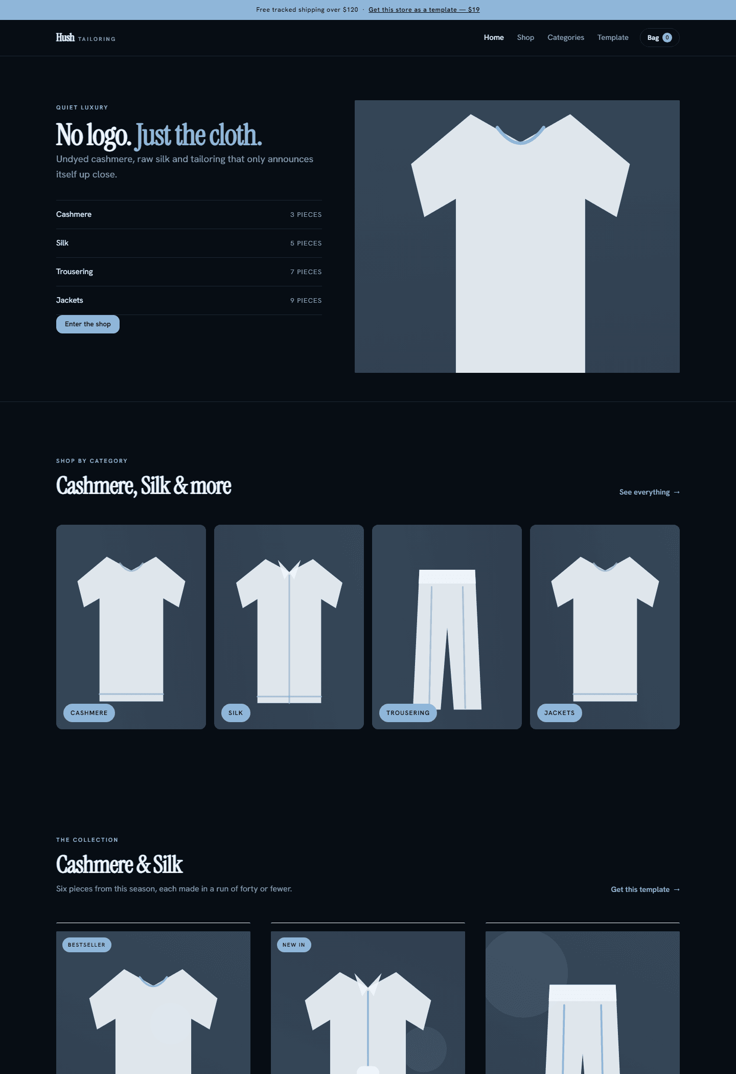 Hush Tailoring quiet luxury e-commerce store template preview with category garment cards on a dark layout