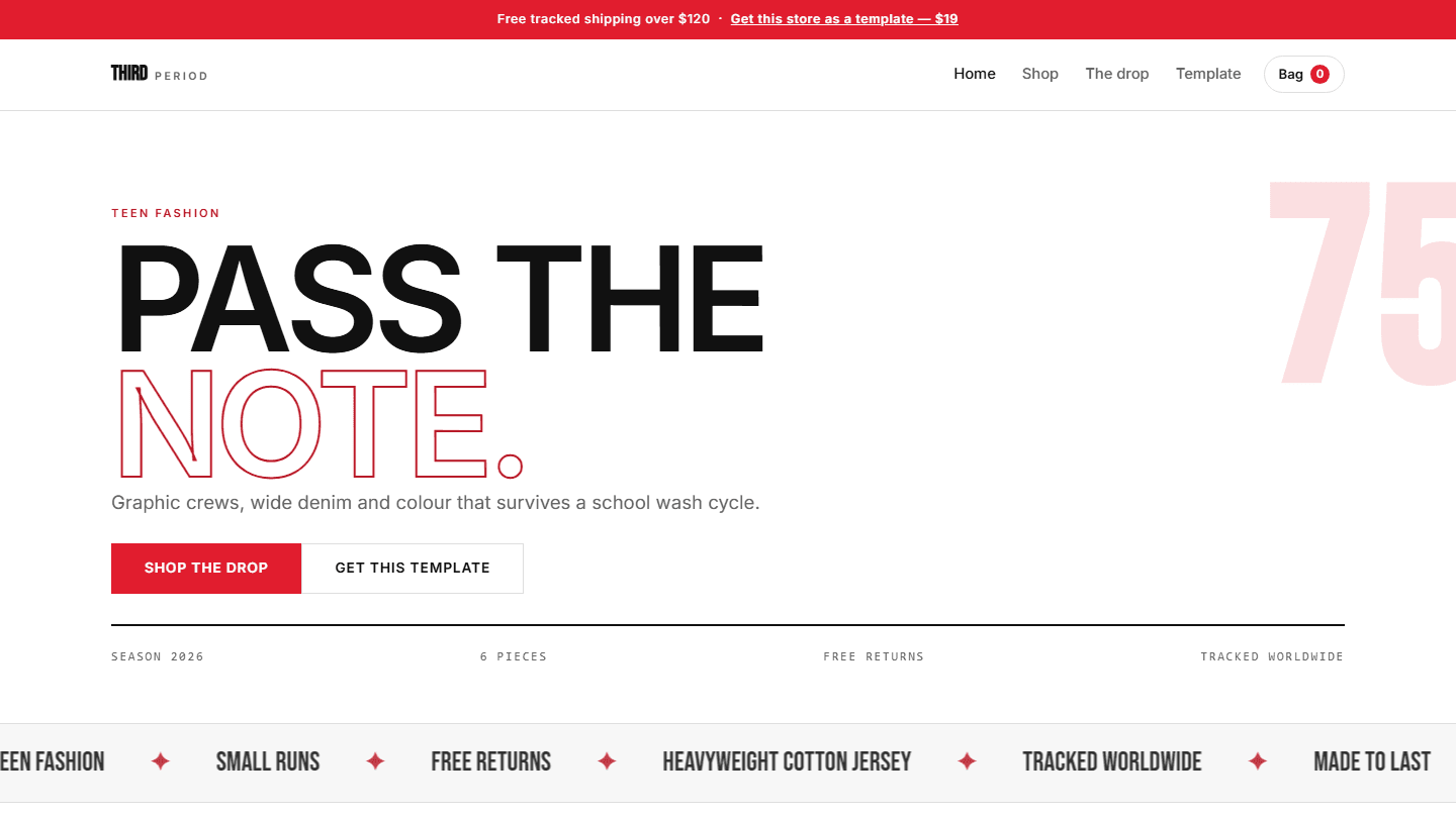 Third Period teen fashion HTML CSS JS store template webpage hero section with navigation and large PASS THE NOTE text