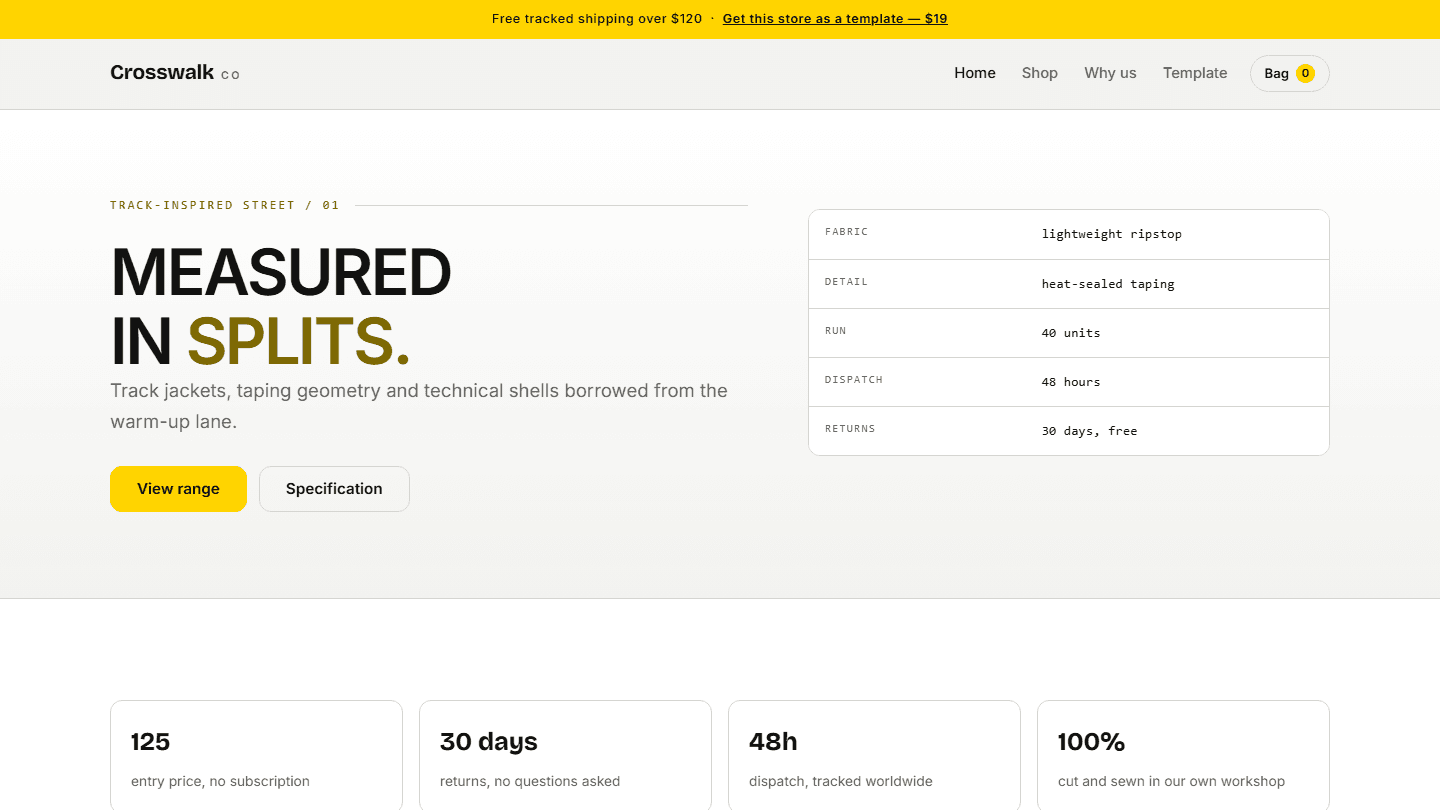 Crosswalk Co track-inspired street store HTML/CSS/JS template webpage with hero text and product specification card