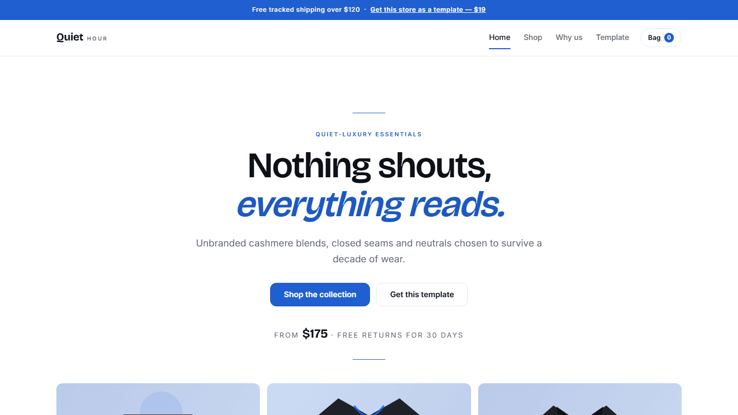 Luxury e-commerce store website template hero section with navigation, headline, buttons, and product placeholders