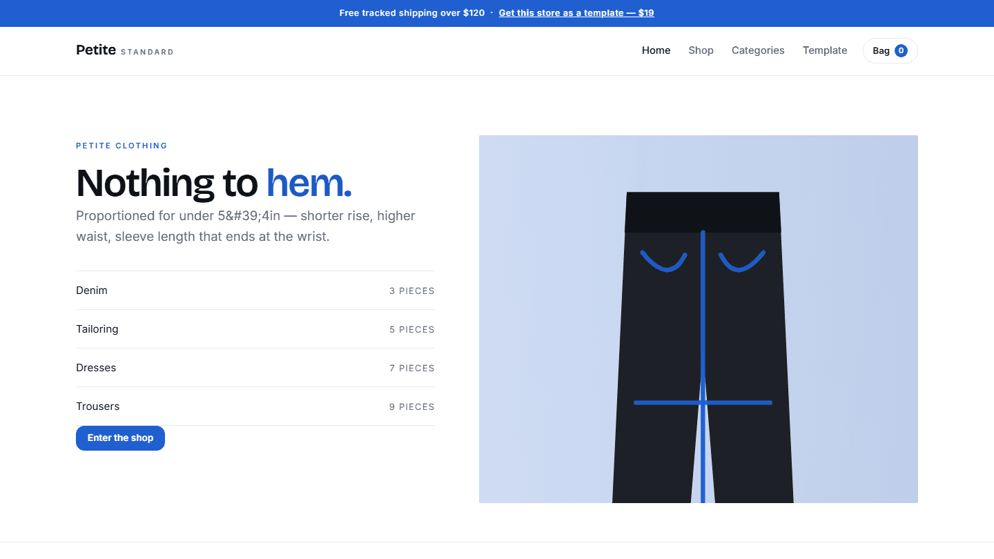 Petite Standard HTML CSS JS clothing store template layout with navigation, text, and product image preview