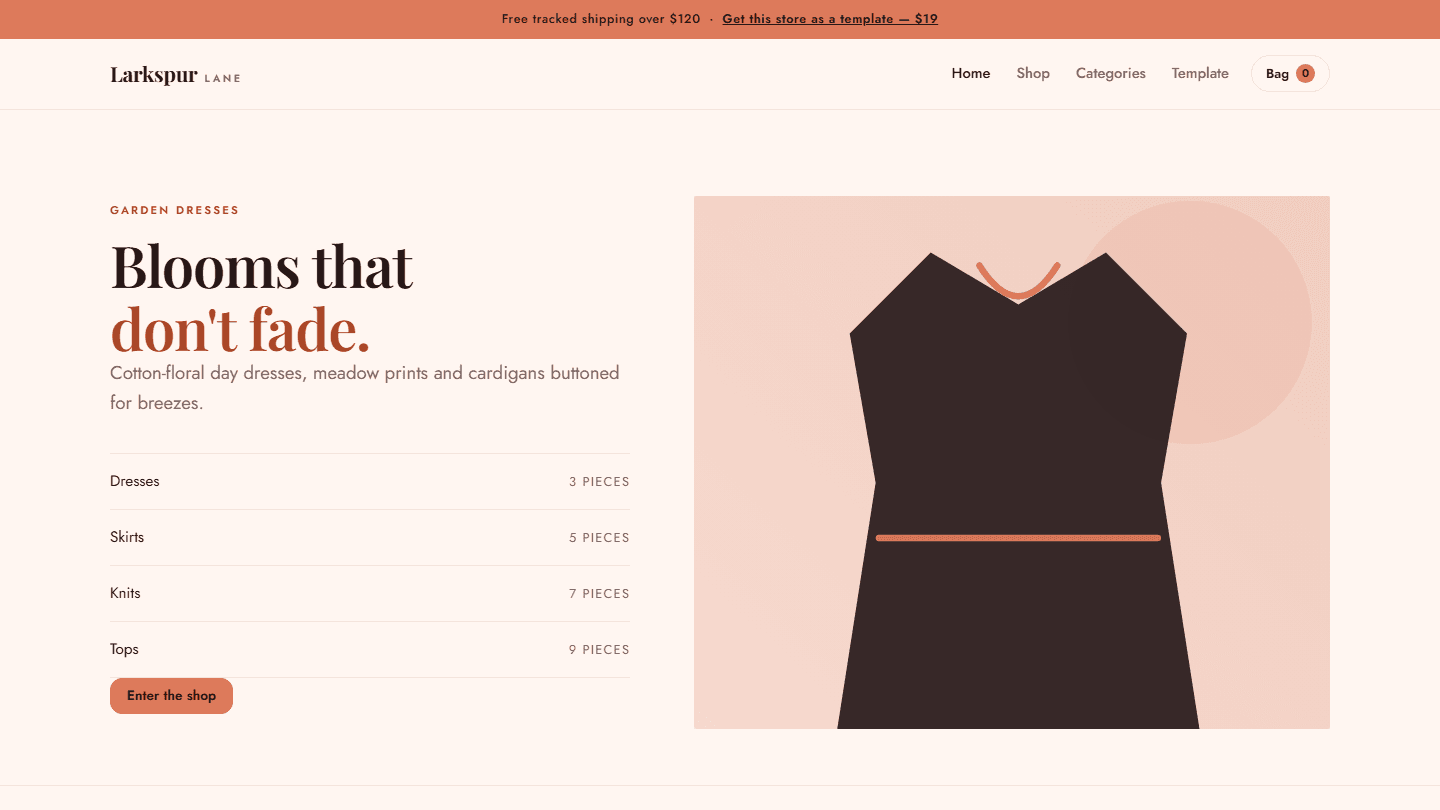 Larkspur Lane complete garden dresses store template screenshot with HTML CSS JS layout and product hero dress graphic
