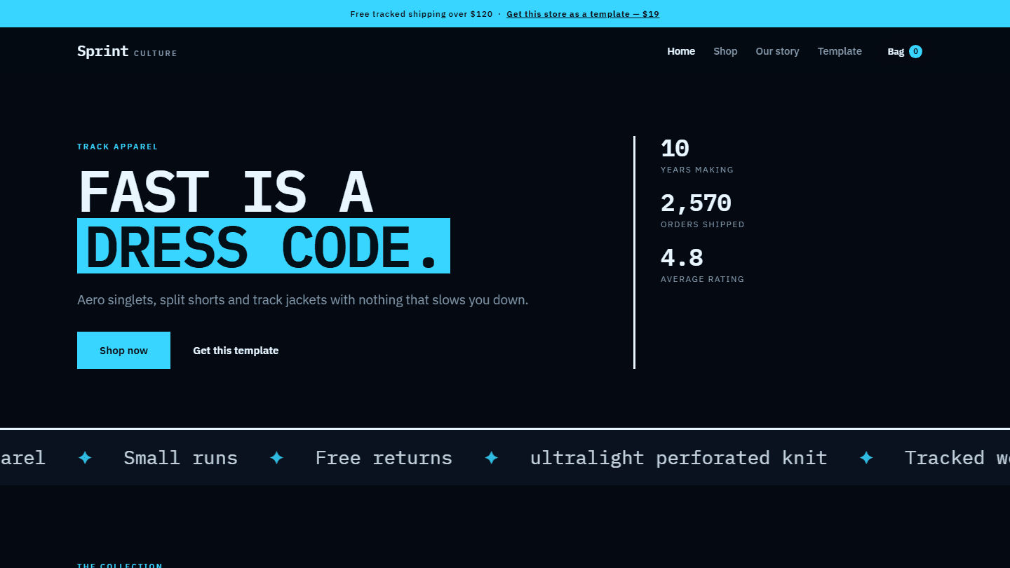 Sprint Culture track apparel e-commerce store template with hero text and navigation in HTML CSS JS UI