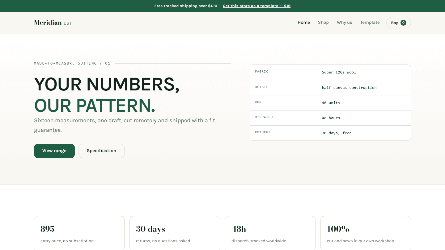 Meridian Cut made-to-measure suiting store template landing page with navigation, hero text, buttons, and details card