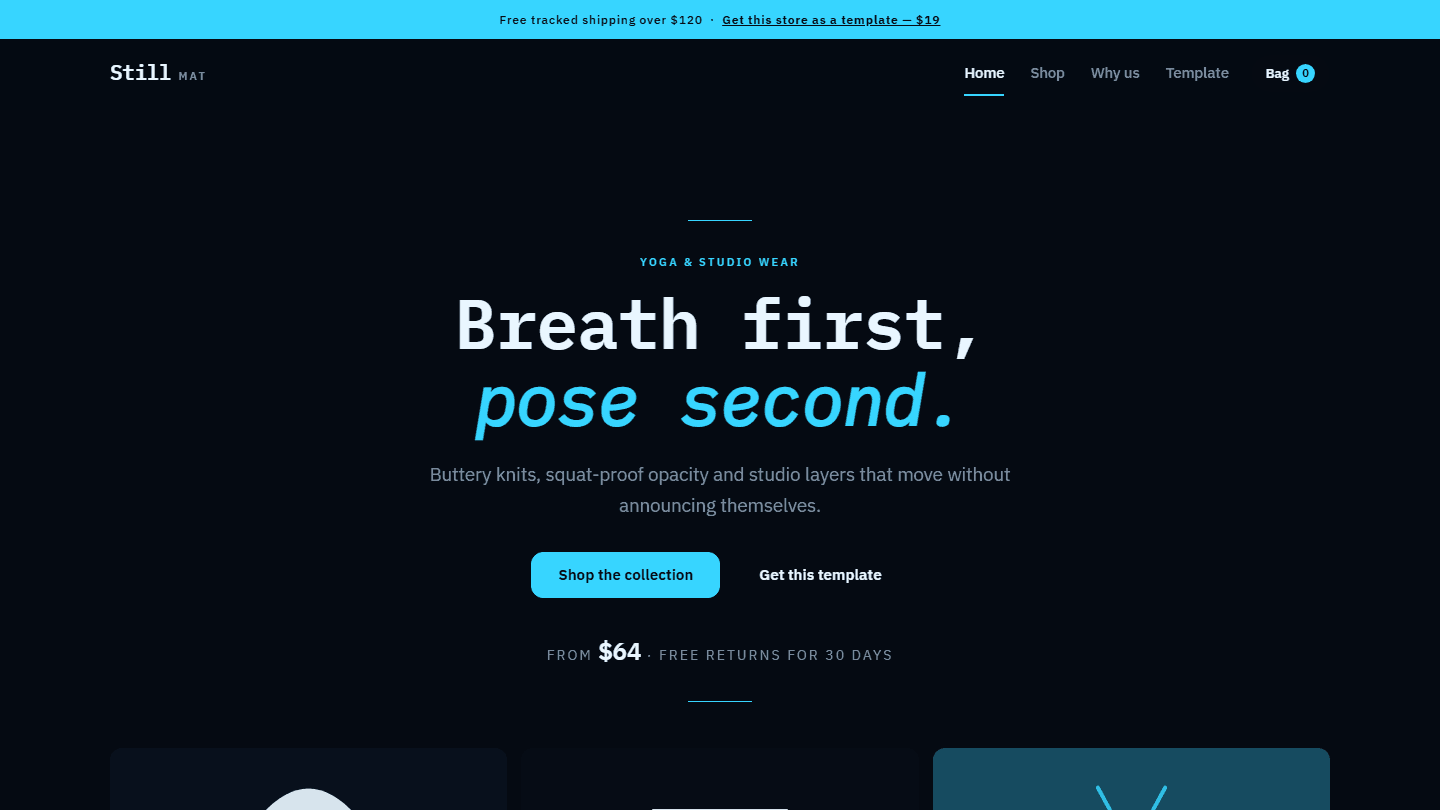 Still Mat yoga and studio wear store template webpage hero section with navigation and call-to-action buttons