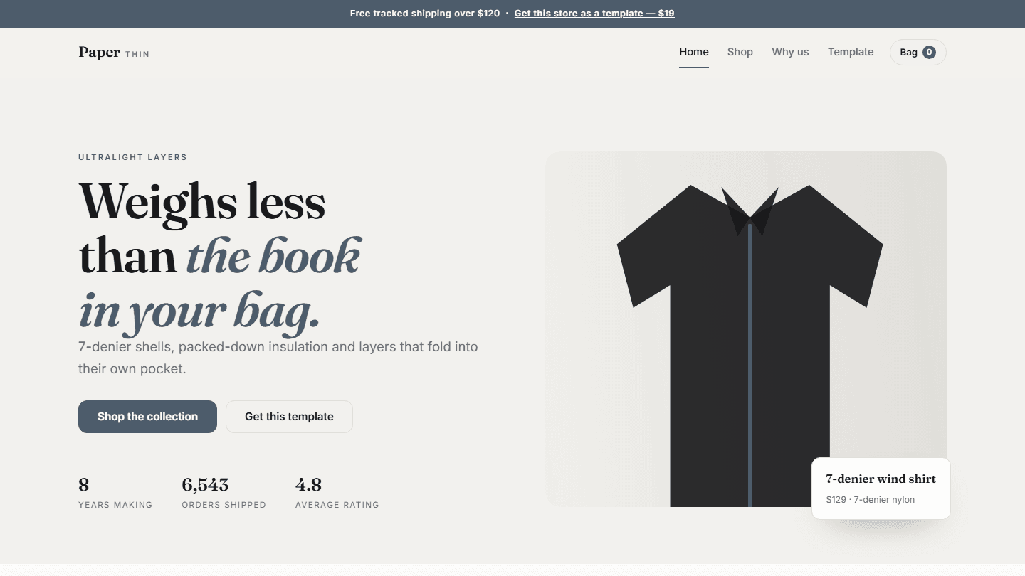 Paper Thin ultralight store template webpage screenshot with hero text, buttons, and product card on a clean HTML CSS