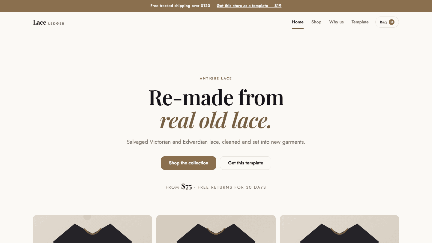 Lace Ledger antique lace store website template preview with header nav, hero text, and product cards HTML CSS JS