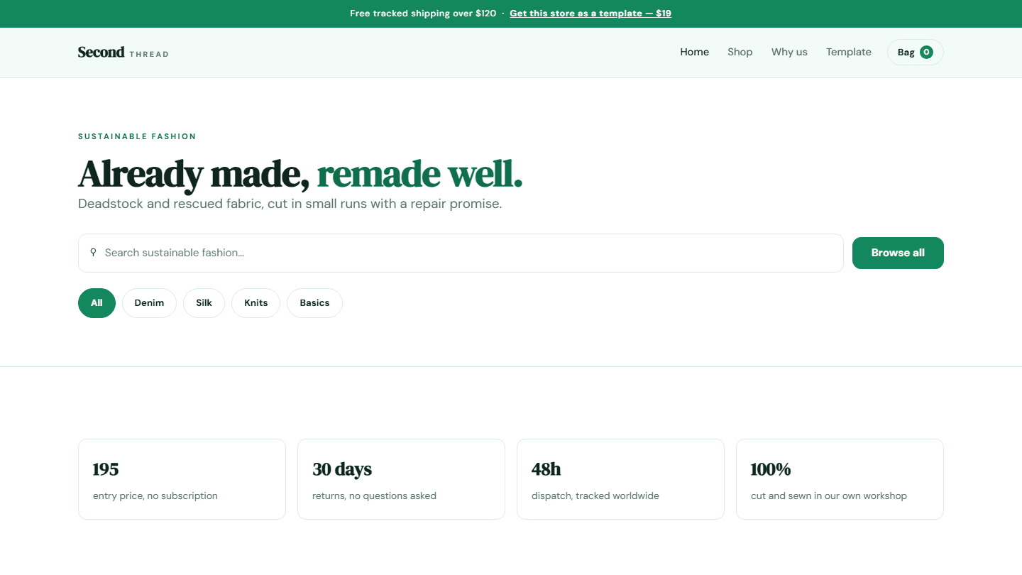 Second Thread sustainable fashion store HTML/CSS/JS template homepage screenshot with header, search, filters, and