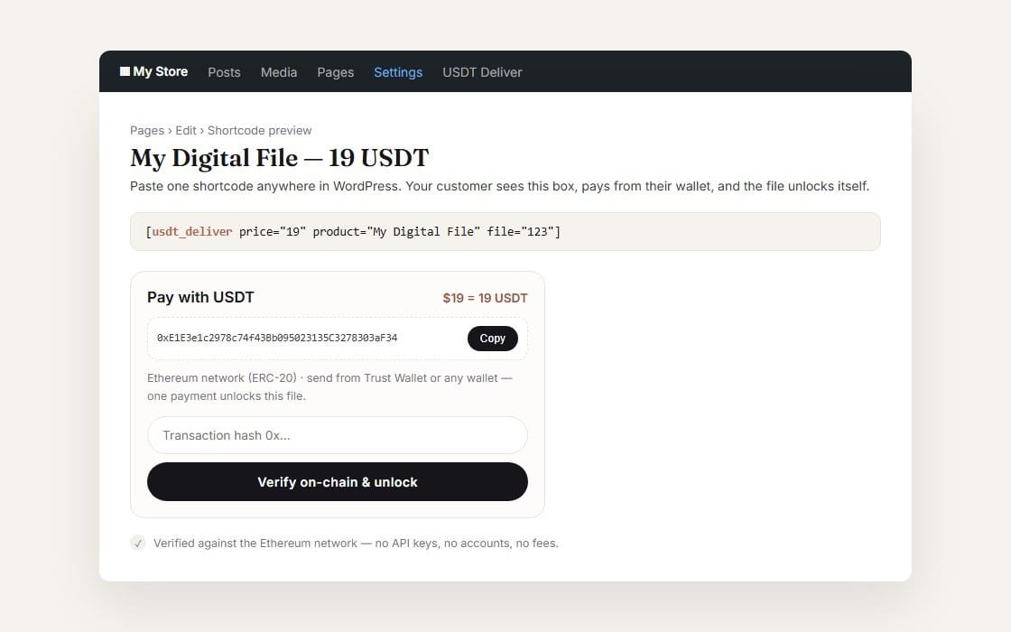 WordPress plugin dashboard preview showing USDT delivery shortcode and verified digital download payment panel