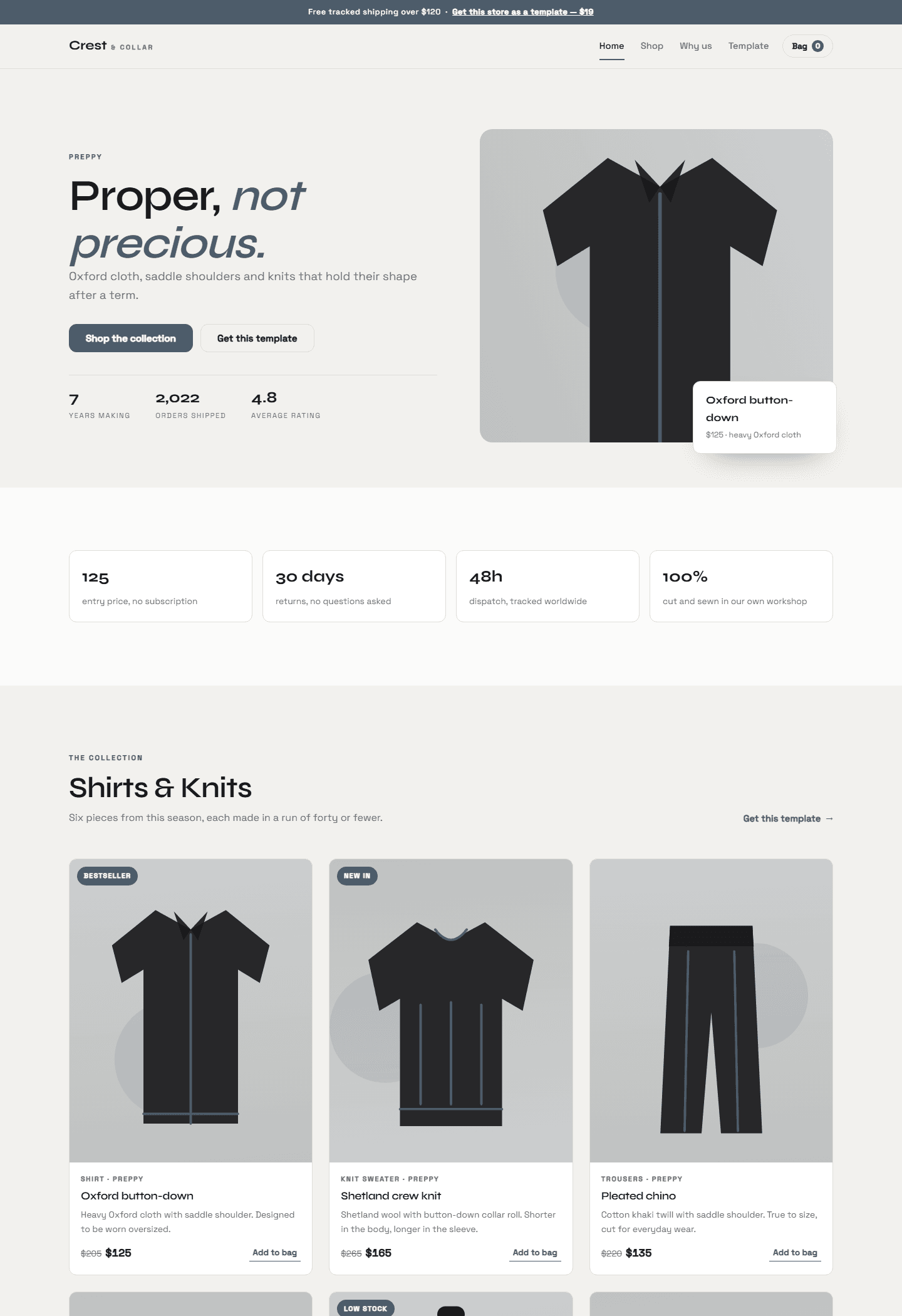 Preppy e-commerce HTML/CSS/JS store template screenshot with header, product cards, and apparel hero section